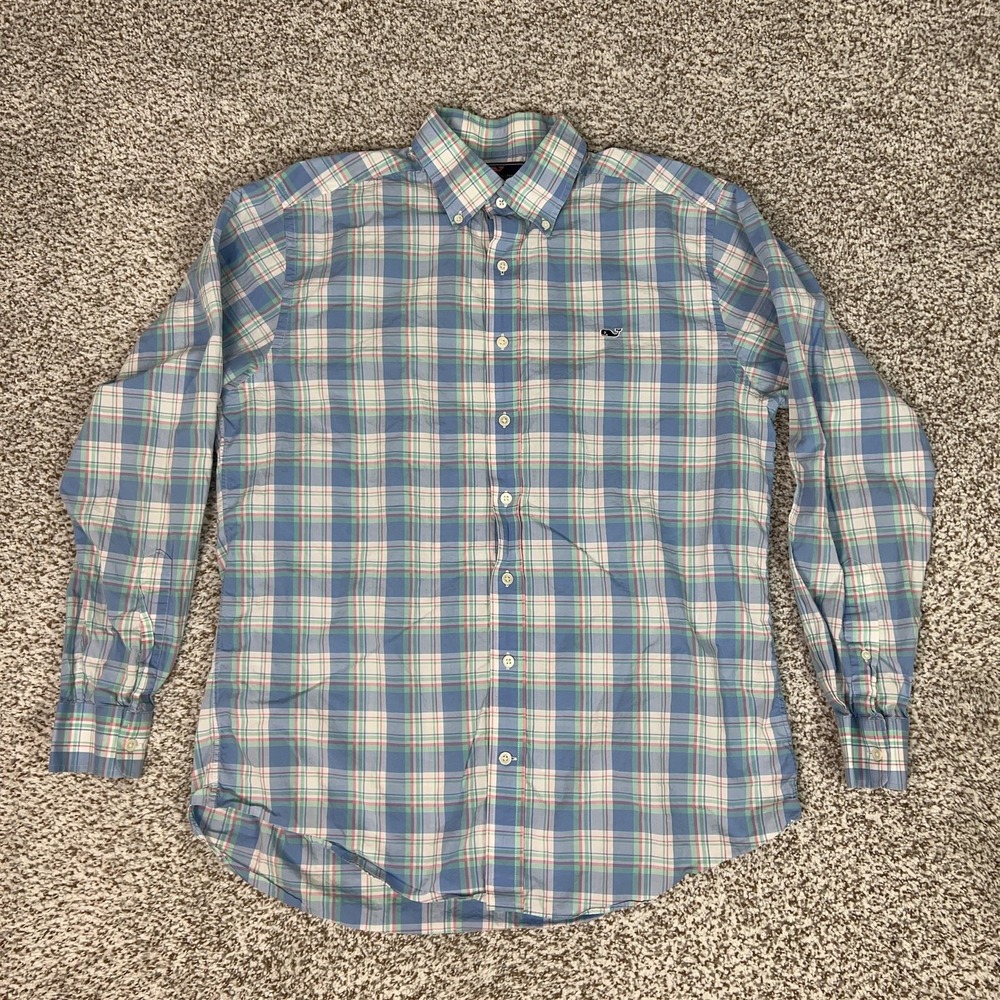 Vineyard Vines Shirt Mens Large Blue Plaid Slim Fit Whale Button Long Sleeve